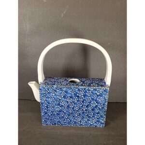 Vintage Japanese Blue Floral Porcelain Teapot • Rectangular Shape • Arch Handle